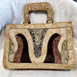 Vintage Snakeskin Structured Top Handle Bag Made in Korea Neutral Statement